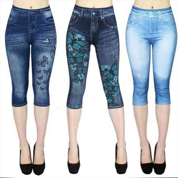 

faux jeans leggings women stretch printed short leggins calf-length pants summer breeches high waist jeggings, Black