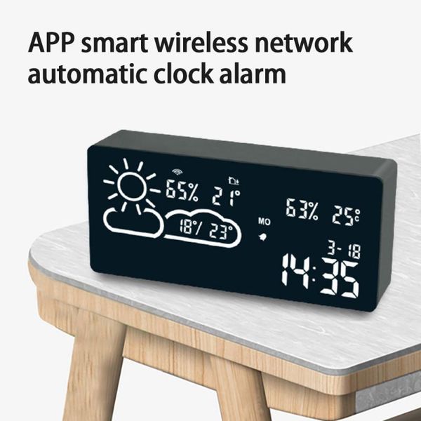 

smart home control led digital alarm clock radio with temperature and humidity app wifi world time weather forecast hygrometer