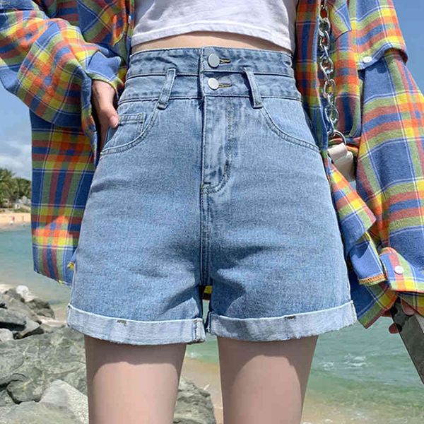 

women's shorts summer high waist denim women casual loose ladies fashion roll up hem elastic jeans female plus size jqcd, White;black
