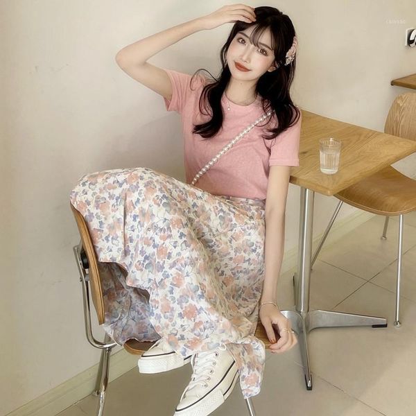 

floral skirt women's summer 2021 small fresh gentle wind high waist a-line medium long first love skirts, Black