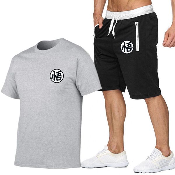 

summer anime short sets mens and womens casual suits sportswear tracksuit cotton t-shirt+shorts casual hip hop printed clothing, Gray