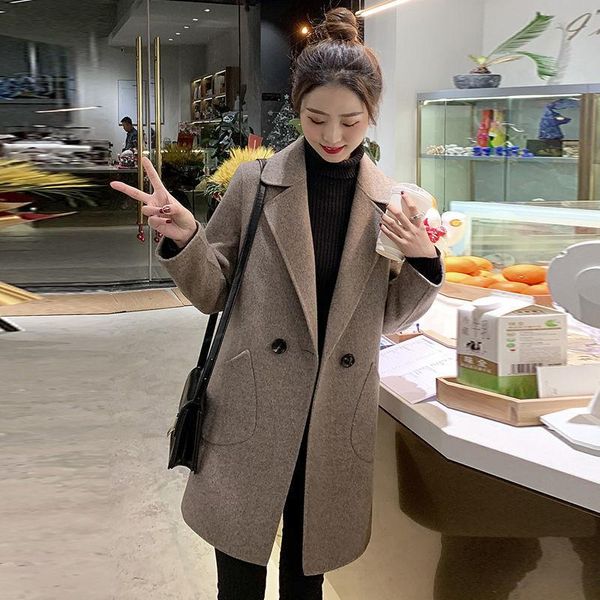 

women's wool & blends woollen overcoat medium long coat autumn and winter show thin temperament, Black