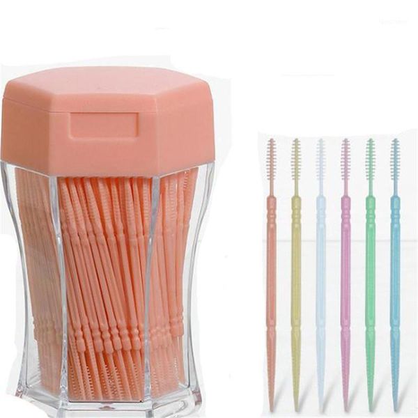 Conjunto de acessórios de banho 200pcs/conjunto plástico macio de cabeça de cabeça dupla escova Cuidado oral de 6,2 cm escova de dentes de escova interdental para dentaduras