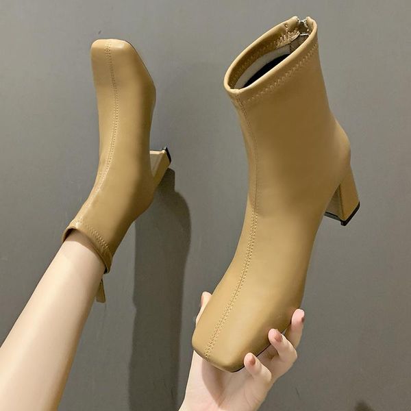 

boots rock shoes woman rubber boots-women zipper luxury designer rain ladies ankle 2021 high heel autumn fashion rome pu square, Black