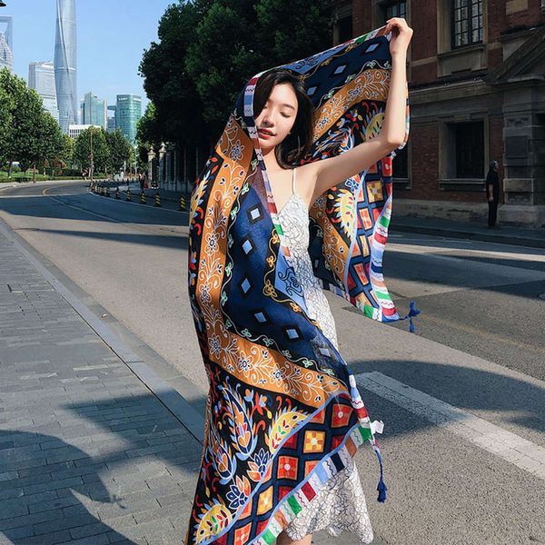 

new ethnic style cotton hemp long women's flow su da shawl summer travel silk scarf seaside holiday sun protection beach towel, Blue;gray