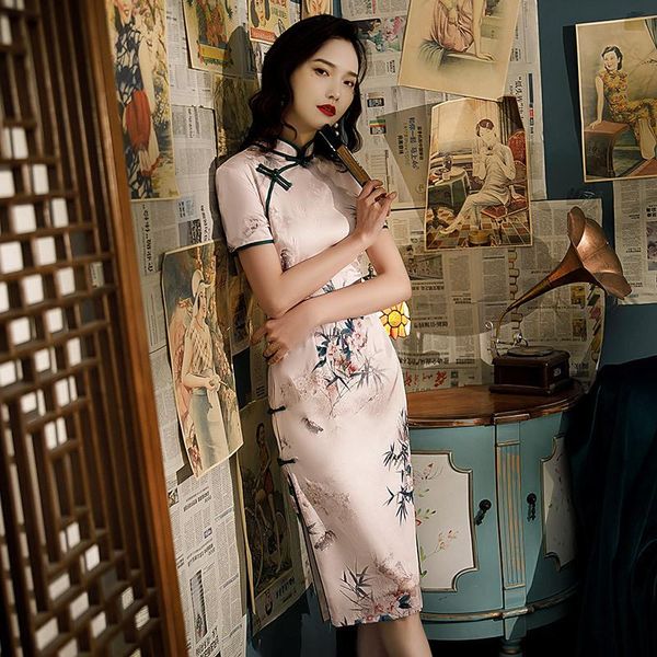 

ethnic clothing chinese vintage woman jacquard satin printed cheongsam retro short sleeve oriental traditional lady elegant wedding dresses, Red