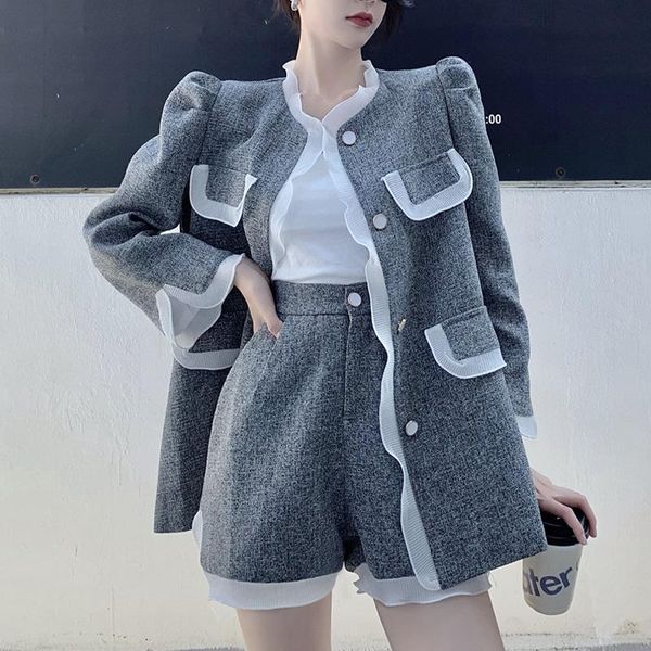 

women's tracksuits high-quality suit 2021 autumn color matching jacket + contrast high-waist shorts two-piece fashion clothing, Gray