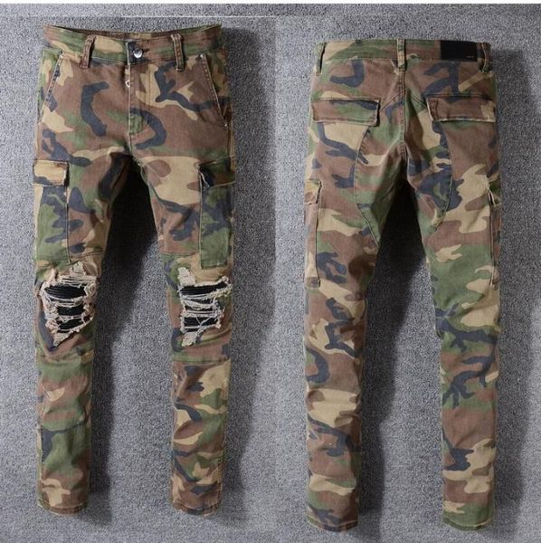 

men's pants mens skinny cargo jeans streetwear fashion men camouflage pocket denim pantalon dechire 2021 hiphop militaire, Black