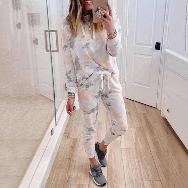 

women's two piece pants tie dye tracksuit women set autumn clothes long sleeve pullover and jogging suit female lounge wear outfits, White