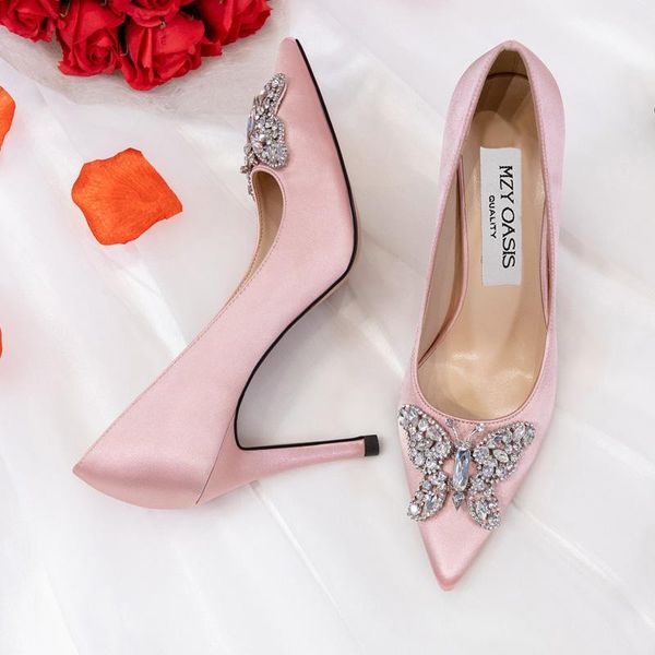 

dress shoes sandalias mujer 2021 women bridal wedding faux silk satin rhinestone crystal shallow woman pumps stiletto high heel, Black