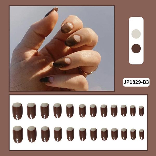 

false nails 24pcs dark brown nail patch round head glue type removable mid length paragraph fashion manicure fake, Red;gold