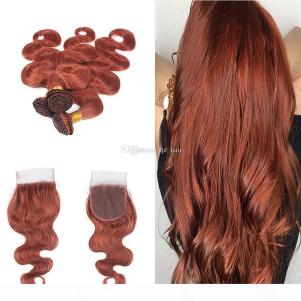 

#33 dark auburn brown virgin hair extension with part lace closure brazilian colored #33 body wave 3bundles with lace closure 4x4, Black