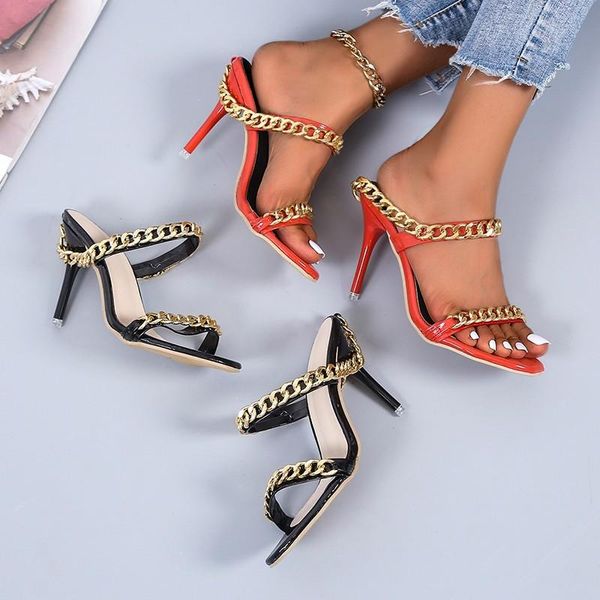 

sandals miyeda lady designer stripper heels metal chain narrow band pointed toe women's black high heel shoes plus size pumps