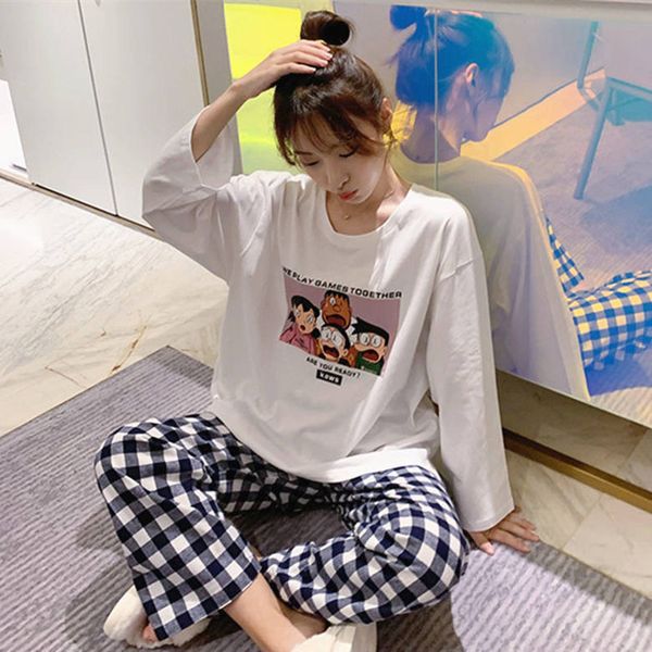 

2021 new japanese anime pajamas set for women long sleeve cute home clothing doraemon print homewear leisure plaid pants tshirt sleepwear 1z, White