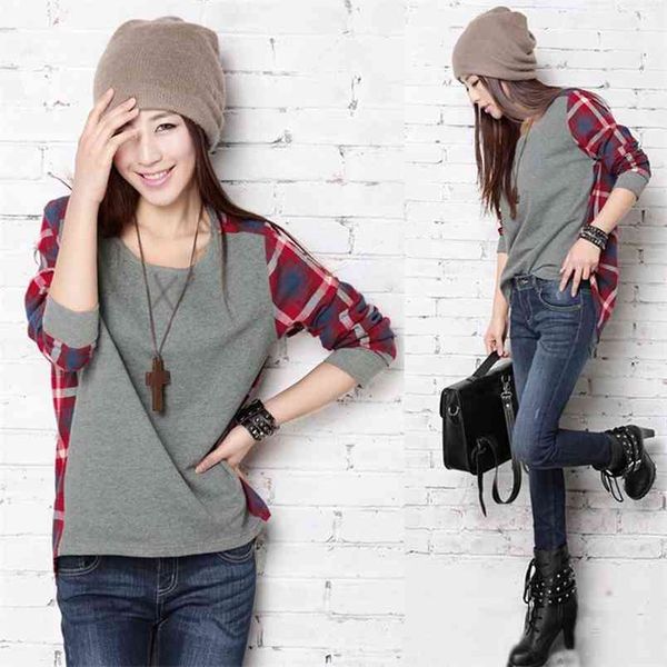 

spring and ladies loose large code check long sleeve t-shirt 210527, White