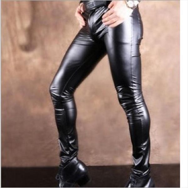 

stylish male khaki cool women pants bright thin matte light imitation leather men tight leg casual stage, Black