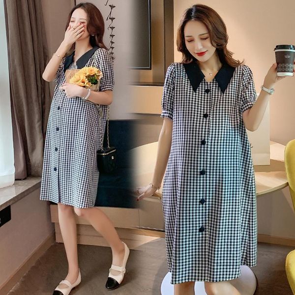 

8013# summer black plaid maternity blouse dress a line loose clothes for pregnant women pregnancy casual clothing can nursing, White