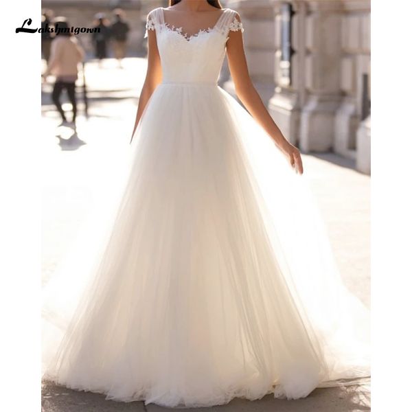 

2021 new simple cap sleeve a-line wedding es sweetheart sweep/brush train tulle with appliques vestido de noiva foto real g7wk, White