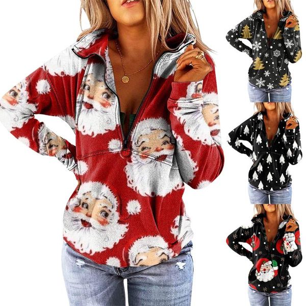 

women's hoodies & sweatshirts ladies casual christmas stand collar printed long-sleeves zipper shirt blouse, Black