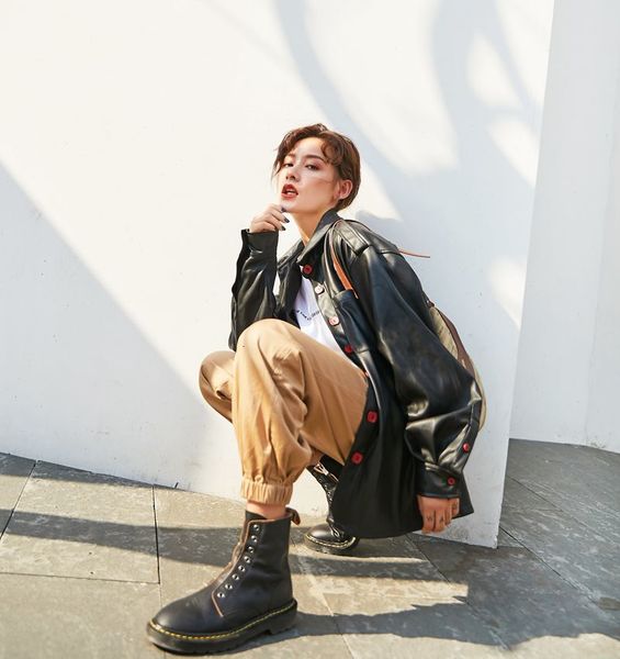 

2021 new black faux women pu plus size red button up long leather coat collar jacket autumn zqi9