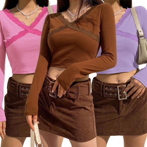 

women's t-shirt lace patchwork aesthetic crop autumn women v-neck ribbed pullover y2k cotton tshirts long sleeves skinny cropped, White