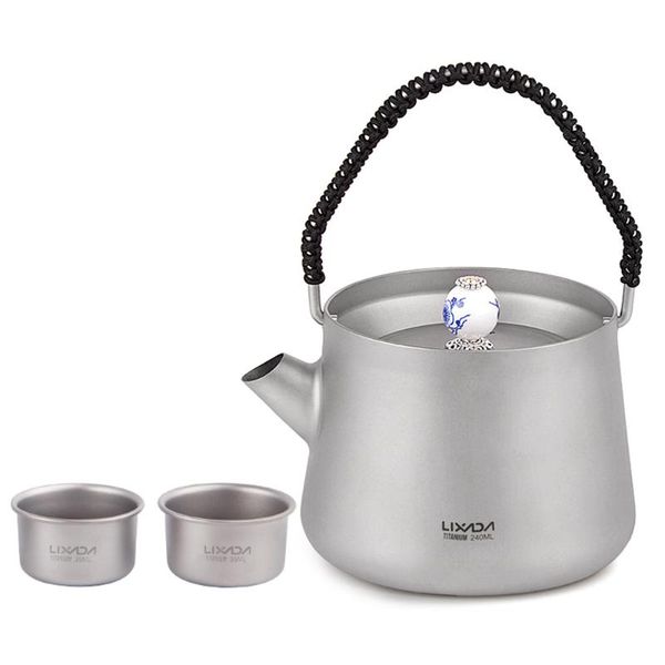 

camp kitchen lixada titanium tea set ultra-light portable 240ml kettle teapot with 2 cups for home outdoor camping hiking picnic