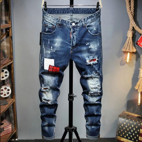 

men's jeans 2021 ripped printed punk clothes pants tight hip-hop, Blue