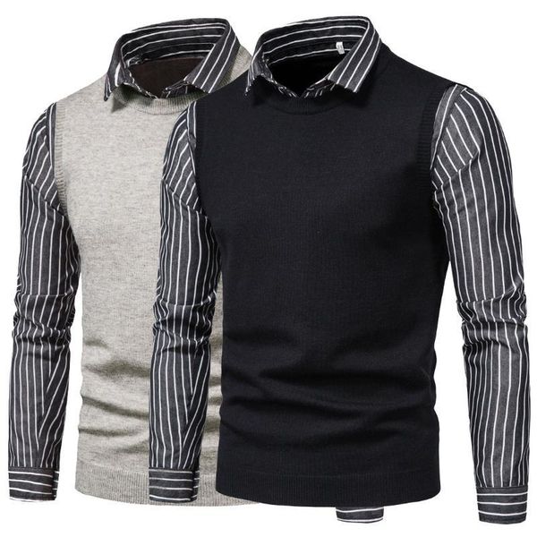 

mens casual sweaters new autumn knitwear striped lapel fake two worn outside sweater shirt male, White;black