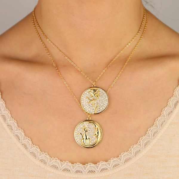 

chokers luxury gold filled round shape charm pendant necklace with white cz paved rose flower dog animals moon pattern jewelry, Golden;silver