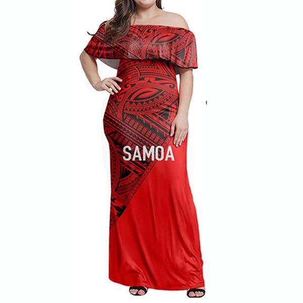 Plus Size Vestidos Hycool Atacado Verão Polinésia Samoan Roupa Ruffle Off-Ombro Bodycon Maxi Dress Festa de Casamento Vermelho