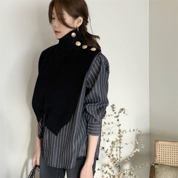 

women autumn new sweaters striped panelled patchwork turtleneck sweater chic side buttons fake two-piece female pullovers pl419, White;black