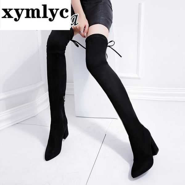

boots 2021 winter long suede thick with high heel over the knee female pointed simple women's, Black