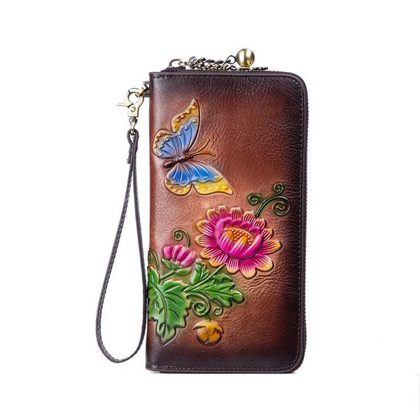 

new luxury designer pure handmade long clutch bag genuine leather women wallets fashion flower embossed purse ladies card holder, Red;black