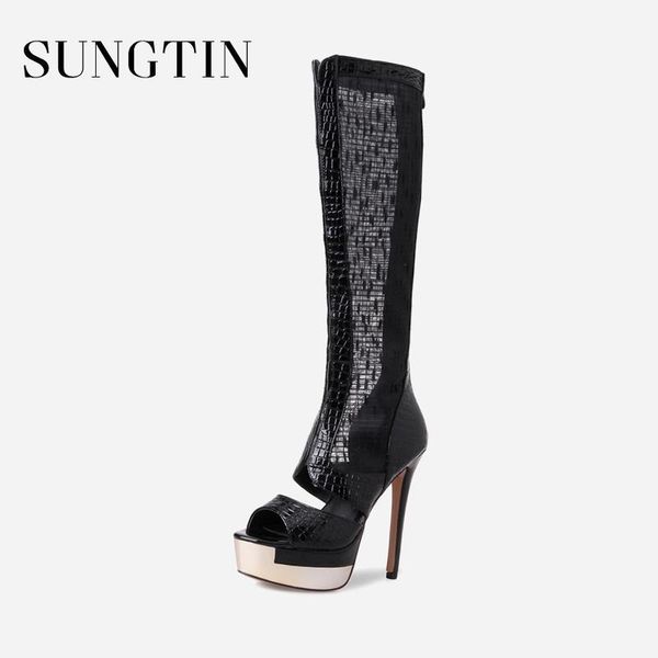 

boots sungtin fashion mesh knee high women peep toe platform heels 13.5 cm lady stilettos summer thin1, Black