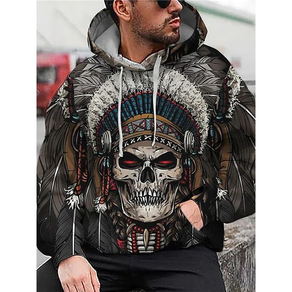 

skull hat pattern fierce 3d printing hoodie visual impact party punk goth round neck sweater hoodie, Black