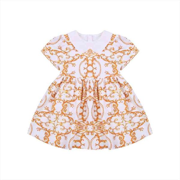 

princess toddler kids baby girl dresses girls stylish short sleeve peter pan collar pattern print a-line 2-7y, Red;yellow