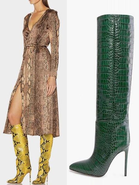 

boots python embossed leather knee-high women's high-heeled pointed women zapatos de mujer botas size 35-43, Black