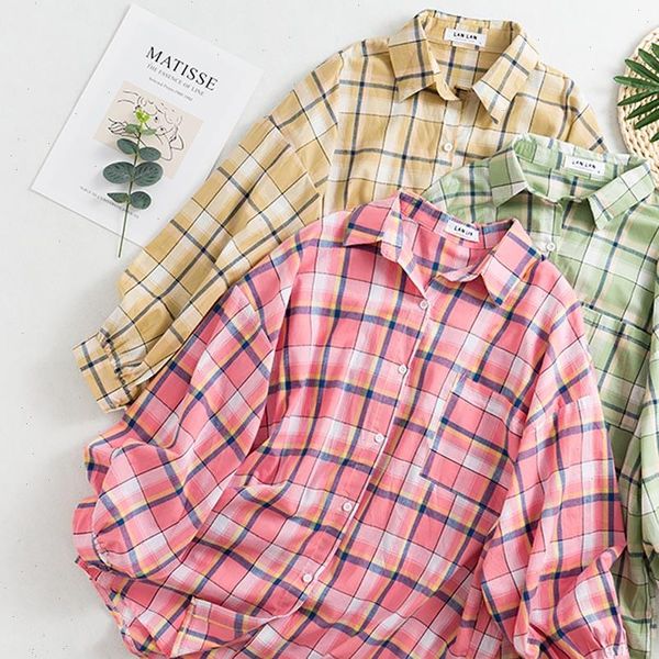 

office blouse women 2021 plaid shirt korean style long sleeve turn down collar cotton fashion casual oversized loose clothes, White