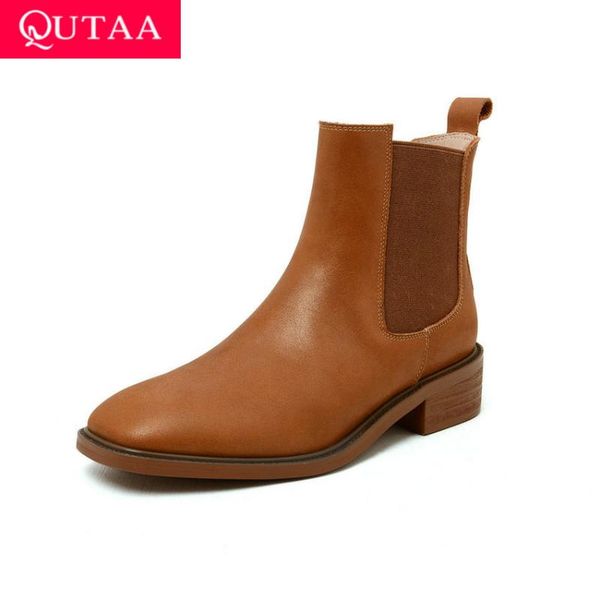 

boots qutaa 2022 genuine leather fashion ankle square low heel women shoes autumn winter slip on ladies pumps big size 34-39, Black