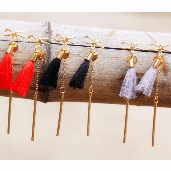 

stud european and american seaside resort style simple temperament long copper ring wire broken tassel earrings, Golden;silver