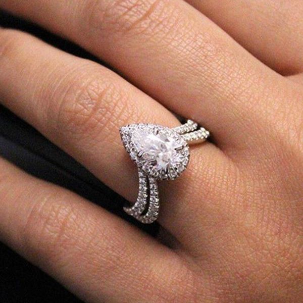 

wedding rings luxury water drop crystal cz ring silver color engagement band for women bridal finger jewelry, Slivery;golden