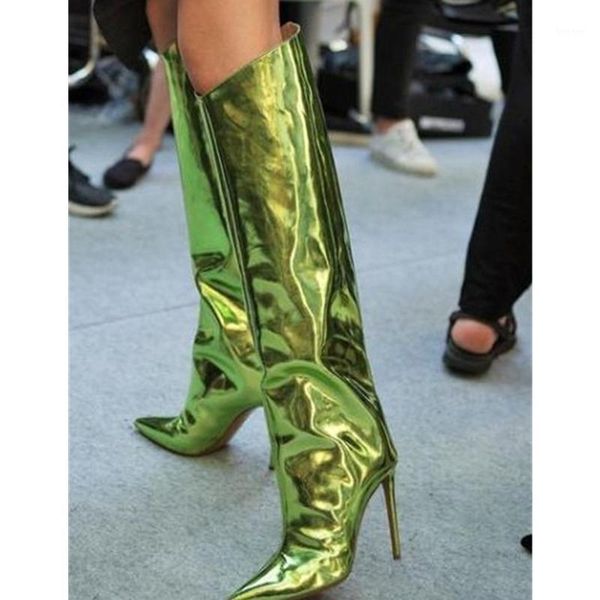 

boots mirrored leather knee high for women sequins knife long booties stiletto heels pumps pointy toe party wedding shoes1, Black