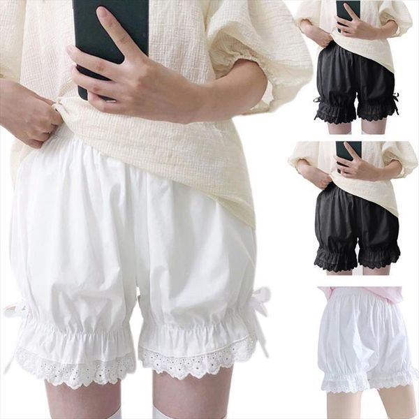 

girls vintage lolita bloomers loose women legging pumpkin pants solid color ruffled lace hem sweet bowknot gothic elastic waist security, Black
