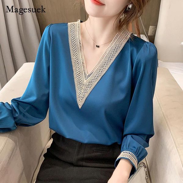 

women's blouses & shirts elegant lace chiffon satin shirt women autumn long sleeve v neck loose woman office lady female clothing 1613, White