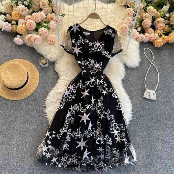 

women fashion v neck short sleeve embroidery star high waist slim gauze a-line dress elegant party vestidos r490 210527, Black;gray