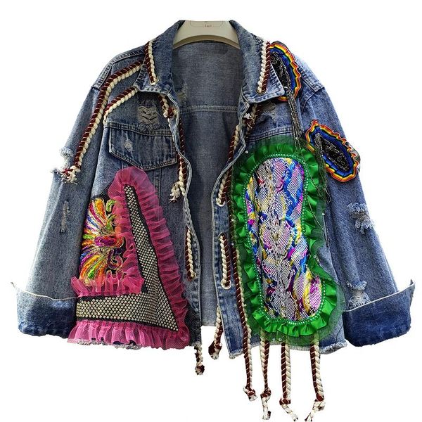 

women's jackets 2021 spring autumn burr denim jacket diamond mesh hole contrasting color jeans coat harajuku jean, Black;brown