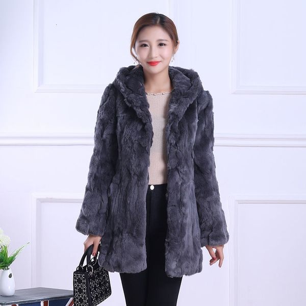 

2021 real double face rex rabbit female korean leather jackets with natural skin hood outcoat genuine skinny ladies coat y58 jcbm, Black