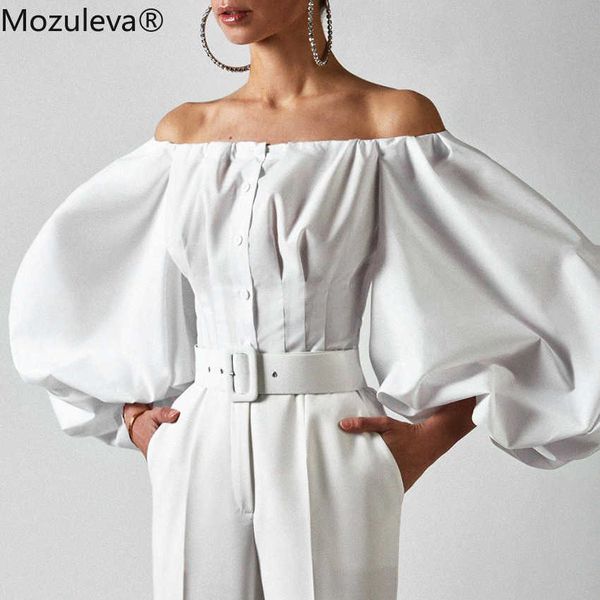 

mozuleva slim off shoulder women shirt blouses lantern sleeve tunic female laides shirt pleated elegant white blouse 210706