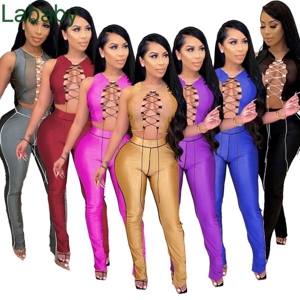 

women two pieces outfits designer 2021 new solid colour mesh splicing bandage high waist micro speaker split suits tracksuits, Gray