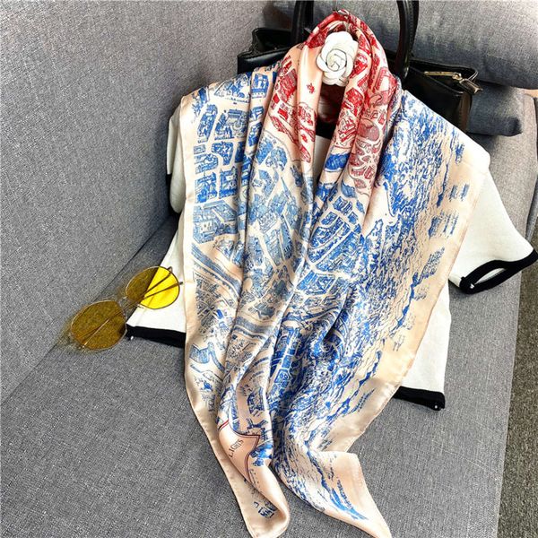

junma city korean satin xiuzhi same 90 square scarves women's silk like printing sunscreen shawl, Blue;black